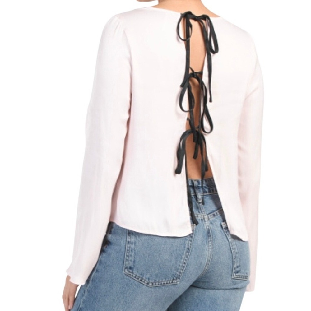 Free People Aarabella Satin Top Blush Pink Long Sleeve Blouse Bow Flowy Size S